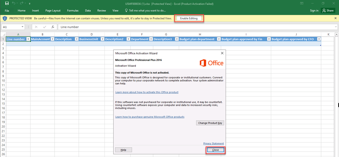 The Excel file is open. The Microsoft Office Activation Wizard is displayed in front of the Excel file.