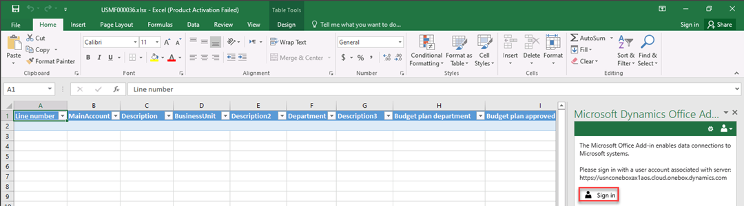 Sign in is activated to open the Microsoft Dynamics Office Add-in.