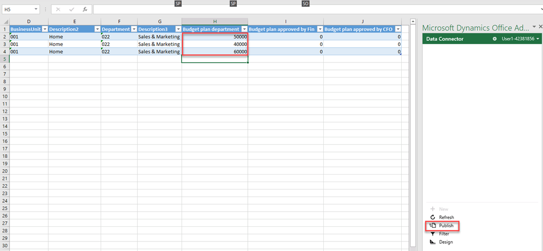 Excel is open to update the Budget plan department column and to publish it to Dynamics 365 Finance.