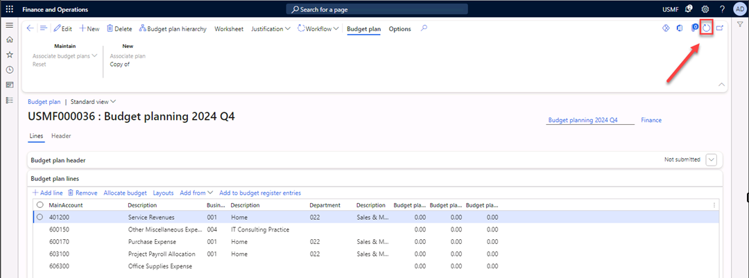 The Budget plan page is open to refresh the data.