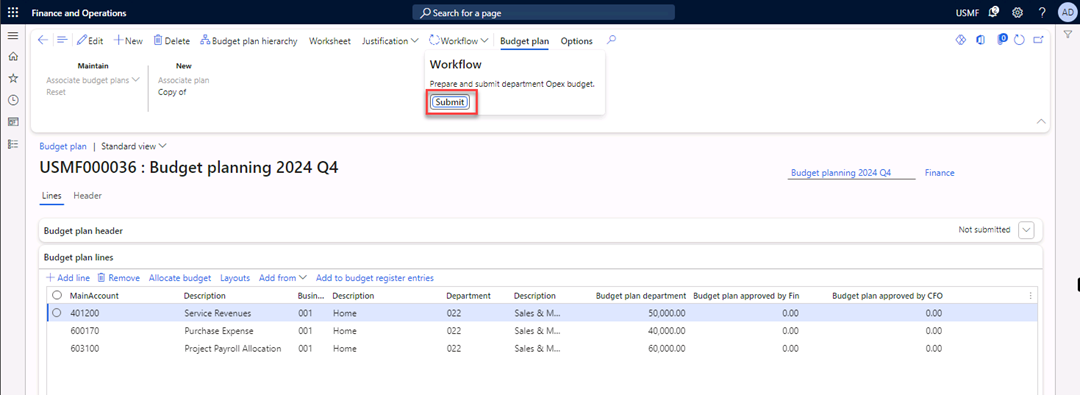 The page Budget plans is open to submit the Budget plan for approval.