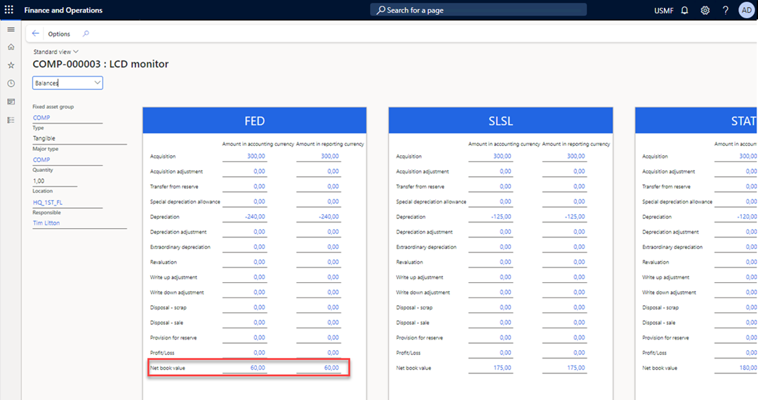 Fixed assets page is open and Valuations is selected in the Action Pane.