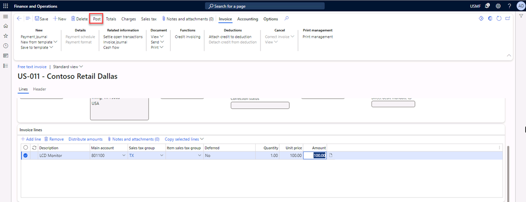 Free text invoices page is open and Post is selected in the Action Pane.