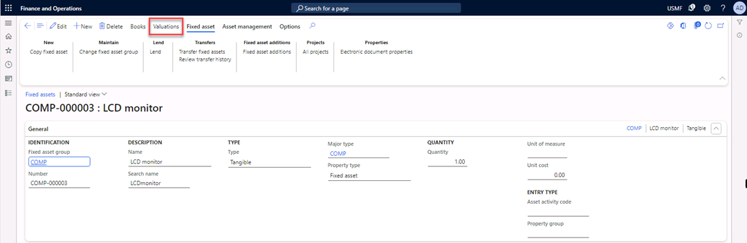 Fixed assets page is open and Valuations is selected in the Action Pane for asset COMP-000003.