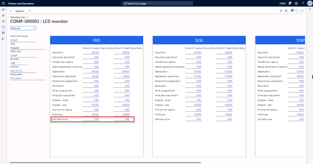 Valuations for the Fixed asset group COMP. Net book value is highlighted.