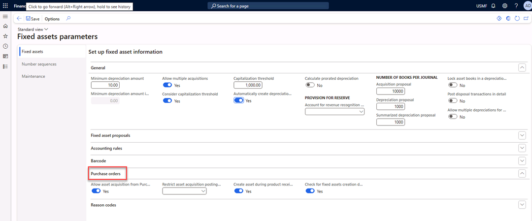 Fixed assets parameters page is open. Purchase orders FastTab is highlighted.