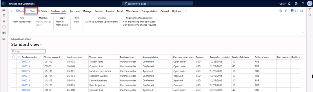 All purchase orders page is open to create a new purchase order.