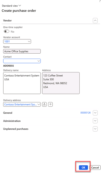 Create purchase order page for Vendor account 1001 with Name and Address fields populated.