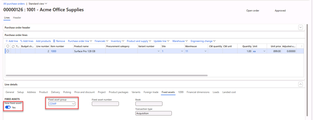 All purchase orders page is open to enter a purchase order line for a fixed asset.