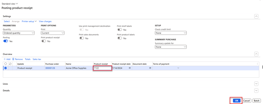 The Product receipt field has value 1122 in the Post product receipt page.
