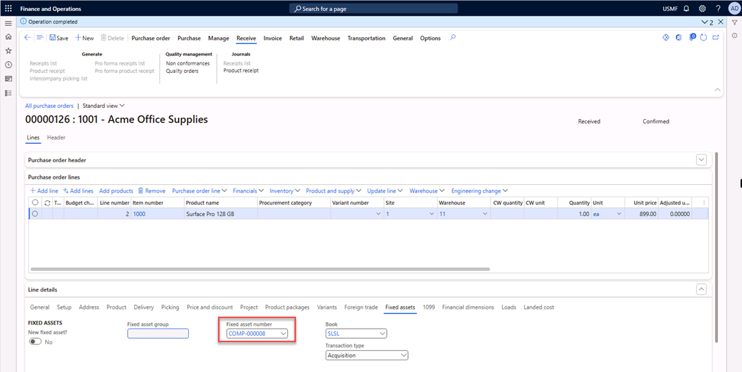 All purchase orders page is open. A value is added to the Fixed asset number field.