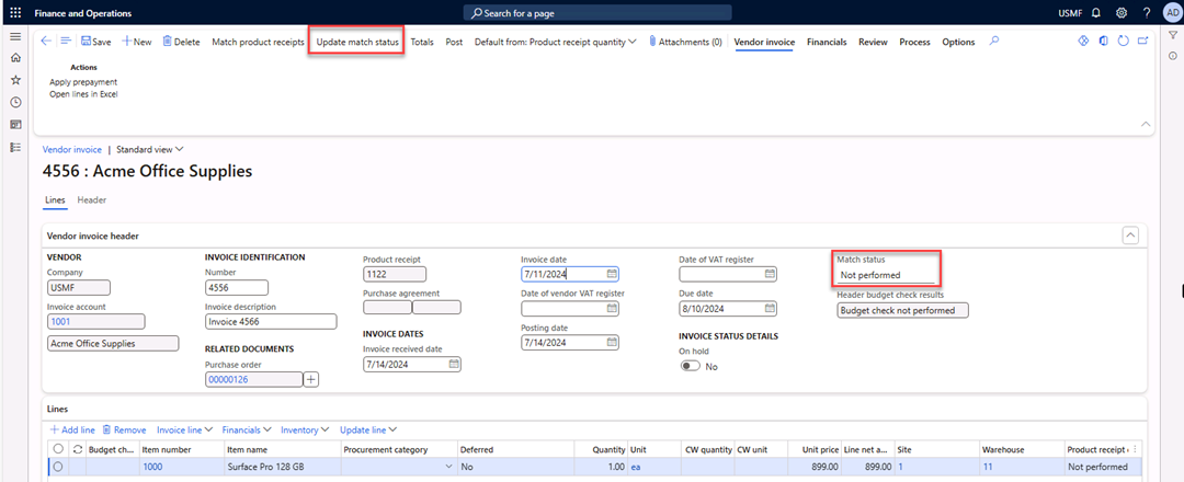 Vendor invoice page is open. Update match status is selected in the Action Pane.