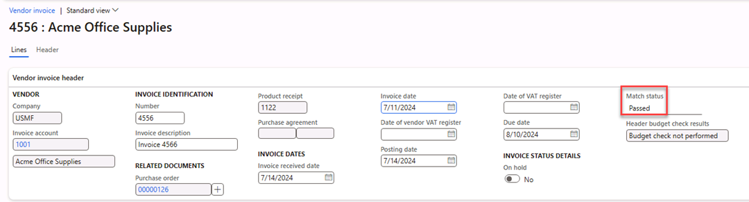 Vendor invoice page with the Match status displaying Passed.