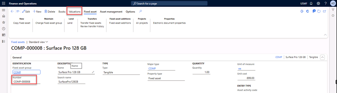 The Fixed assets page is open and asset COMP-000008 is selected.