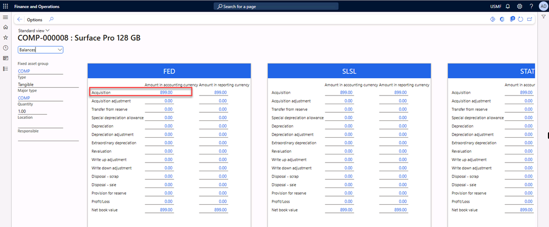 Fixed assets page with the acquisition amount for COMP-000008 posted.