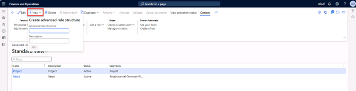 Advanced rule structures page with the New menu expanded to create an advanced rule structure