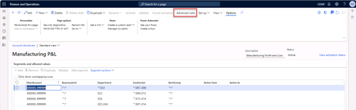 Account structure Manufacturing P&L. The Advanced rules button is selected to attach the advanced rule to the account structure Manufacturing P&L.