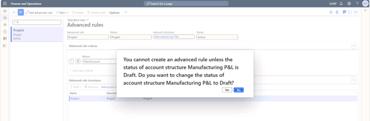 Pop-up screen for creation of an advanced rule. The No button is activated. 