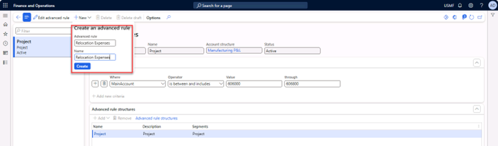 Create an advanced rule menu with the Advanced rule structure and name fields filled in. The Create button is activated.