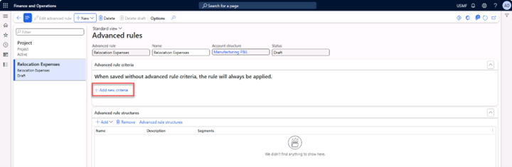 Advanced rules page with the New button activated to add new criteria.