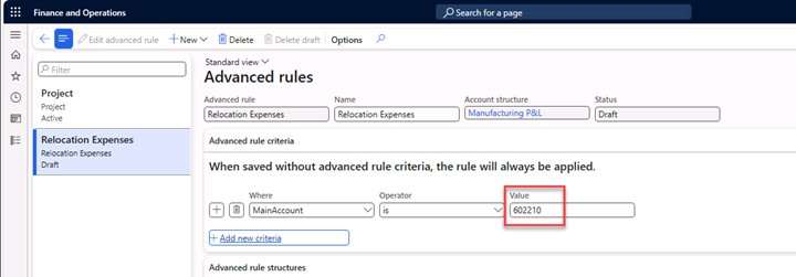 Advanced rules page with advanced rule criteria expanded. The fields Where, Operator, and Value are filled in.