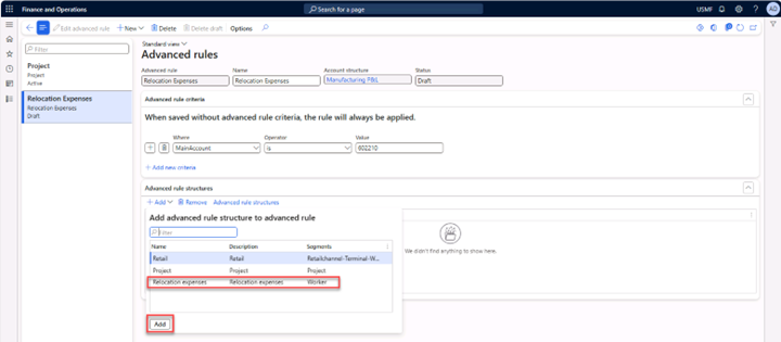 Create advanced rule structure menu with Add advanced rule structure to advanced rule expanded. The fields Name, Description, and Segments are filled in. Focus is on the Relocation expenses advanced rule and the Add button.