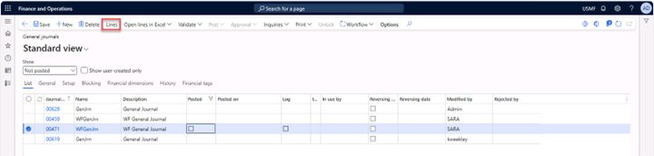 The general journal menu with the WF General Journal name field filled in. Focus is on the Lines button.