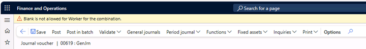 Journal voucher page displaying the message Blank is not allowed for Worker for the combination.