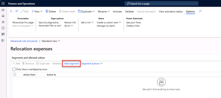 Relocation expenses view of Advanced rule structures with focus on Add segment.