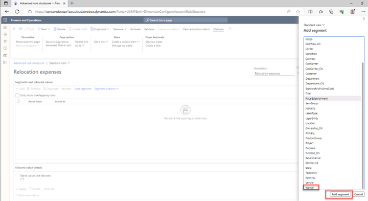 Relocation expenses view with an overview of all available segments in the Add segment pane. Focus is on the Worker segment and the Add segment button.