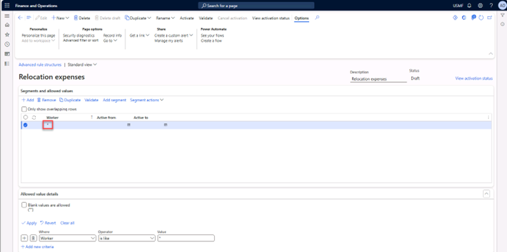 Relocation expenses view of the Advanced rule structures tab with segment worker active for all values.