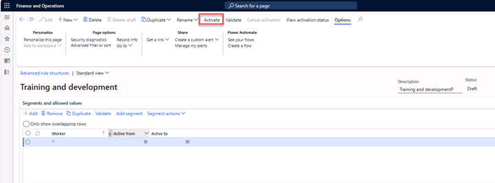 Training and development view of the Advanced rule structures tab. Focus is on the Activate button.