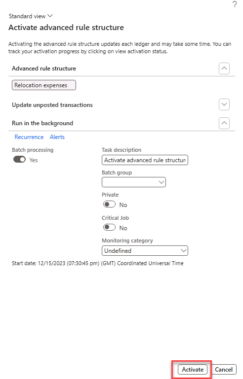 Pop-up screen for activating the advanced rule structure. Focus is on the Activate button.