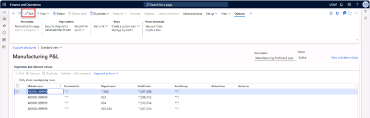 Manufacturing P&L account structure on the Account structures tab. The Edit button is expanded to adjust the Manufacturing P&L account structure.