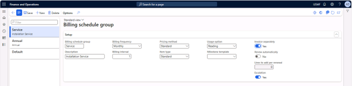 Billing schedule group page with the fields Billing schedule group, Description, Billing frequency, Billing interval, Pricing method, and Item type filled in.