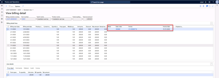 Billing schedule page with the menu view billing details expanded to view the billing details.