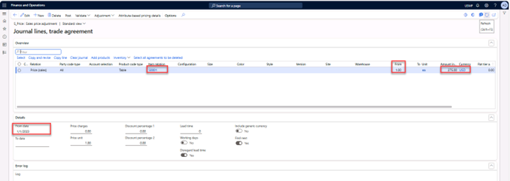 Page Journal lines on the Trade agreements menu is selected to edit a trade agreement. The fields Item number, From, Amount, Currency, and From date are filled in.