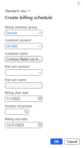 Create billing schedule page with the New menu expanded to create a new billing schedule. The OK button is activated.