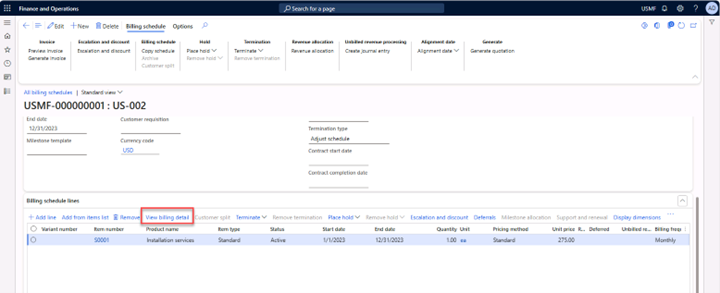 Billing schedule page with the Billing schedule lines FastTab expanded to view the billing details.