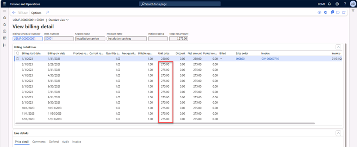 Billing schedule page with the View billing details menu expanded to view the billing details.