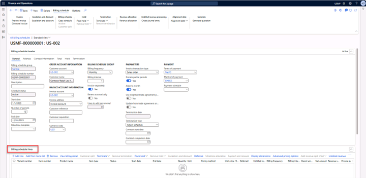 Create billing schedule page with the FastTab Billing schedule lines expanded to create a new billing schedule line.