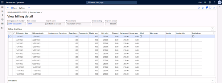 Billing schedule page with View billing details expanded to view the billing details.