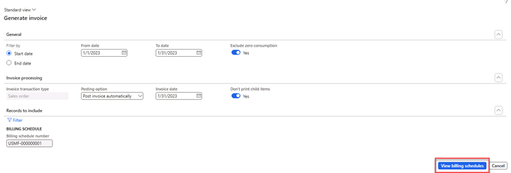 Create billing schedule page with the tab Generate invoice expanded to generate an invoice. The view billing schedules button is activated.