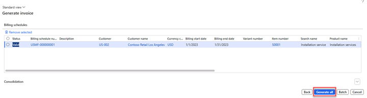 Create billing schedule page with the tab Generate invoice expanded to generate an invoice. The generate all button is activated.