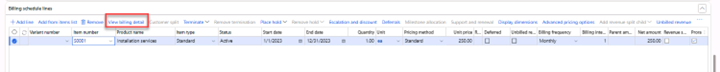 Billing schedule page with the FastTab Billing schedule lines expanded to view the billing details.