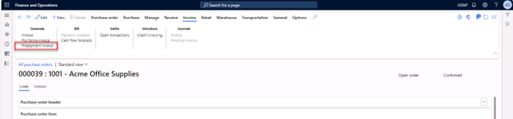 All purchase orders page with the Invoice tab displayed. Prepayment invoice is selected to generate the prepayment invoice. 