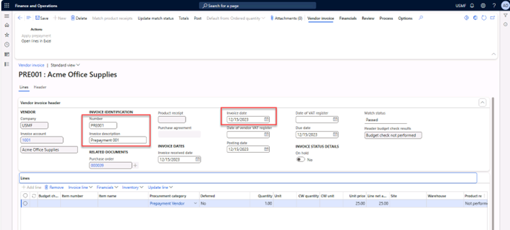 Prepayment invoices page with the fields Number, Invoice description, and Invoice date filled in.