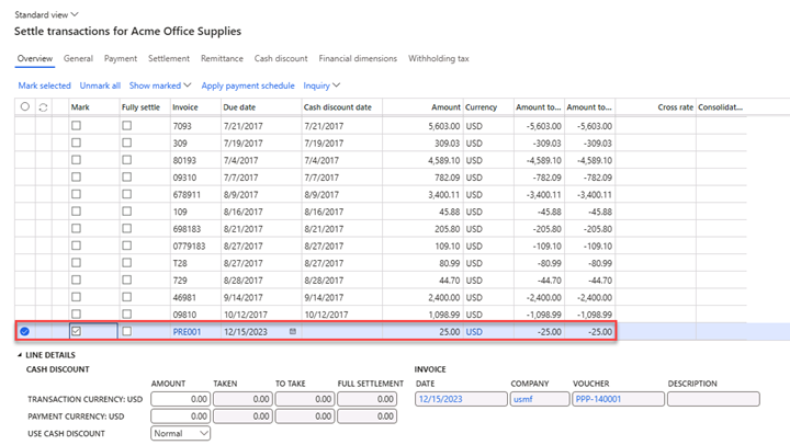 Settle transactions page in the Vendor payment journal in which the prepayment line is marked.