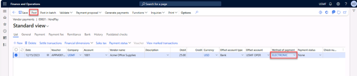 Vendor payment journal with the Post menu expanded.