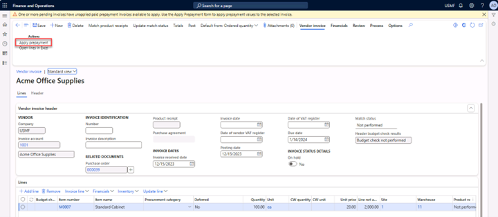 Invoice page with the Apply prepayment menu expanded.